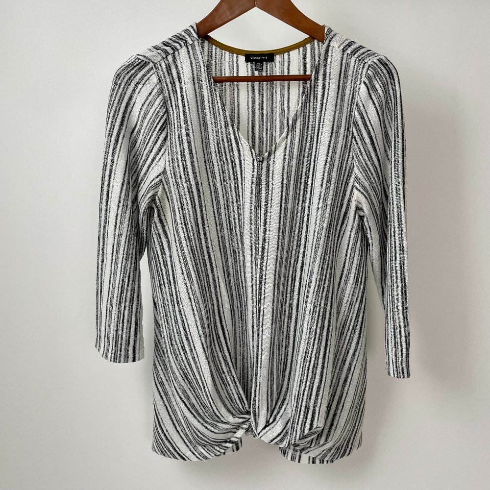 Verve Ami Black and White Stripe V Neck Sweater With Knotted Waist, Size L